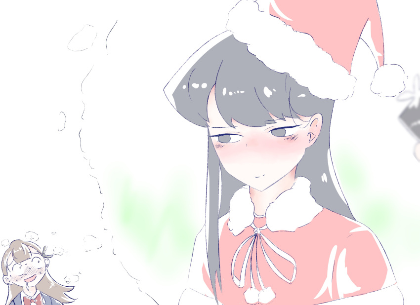 2girls absurdres black_eyes black_hair blush brown_hair christmas drooling highres komi-san_wa_komyushou_desu komi_shouko long_hair multiple_girls onemine_nene santa_costume shino_kitsune white_background