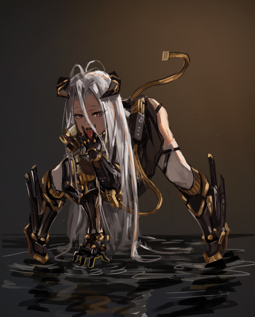 1girl absurdres ahoge alcoholism_(wf446066985) bangs hair_between_eyes highres horns long_hair looking_at_viewer mecha_musume mechanical_arms mechanical_horns mechanical_legs mechanical_parts mechanical_tail open_mouth original red_eyes simple_background standing strap tail tongue tongue_out very_long_hair