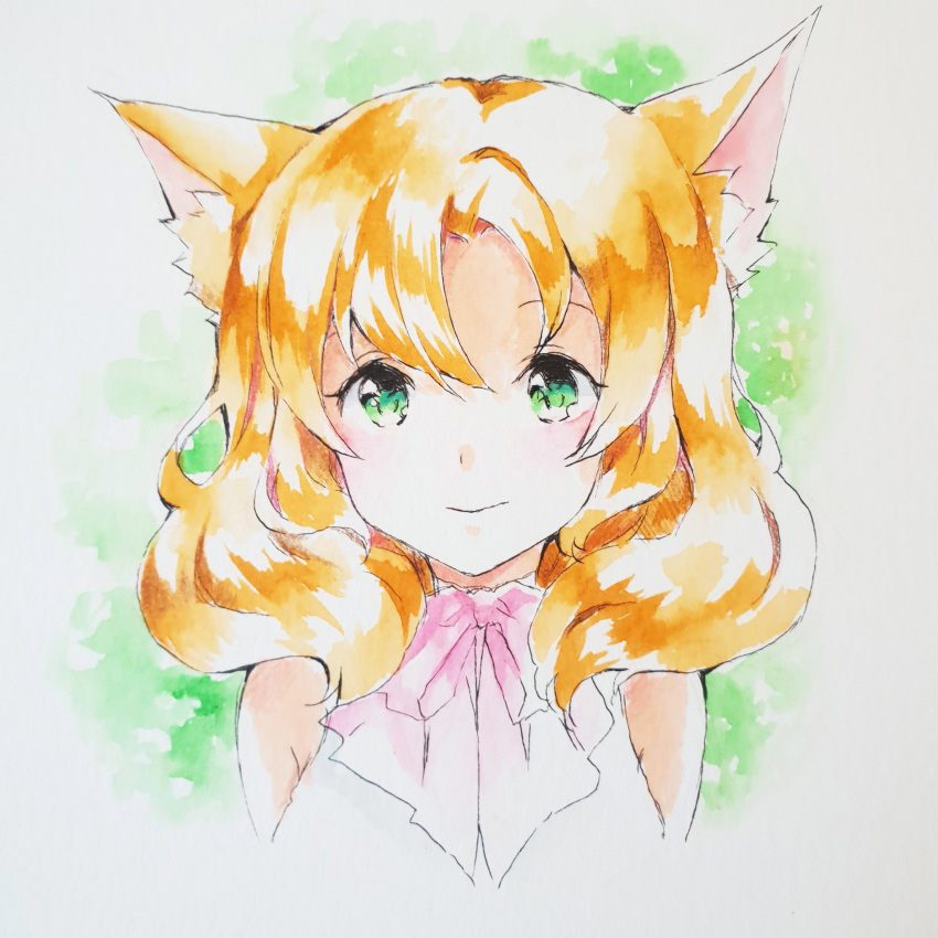 1girl animal_ears bangs blonde_hair bow bowtie closed_mouth copyright_request green_eyes highres looking_at_viewer peachpii pink_neckwear portrait short_hair smile solo symbol_commentary