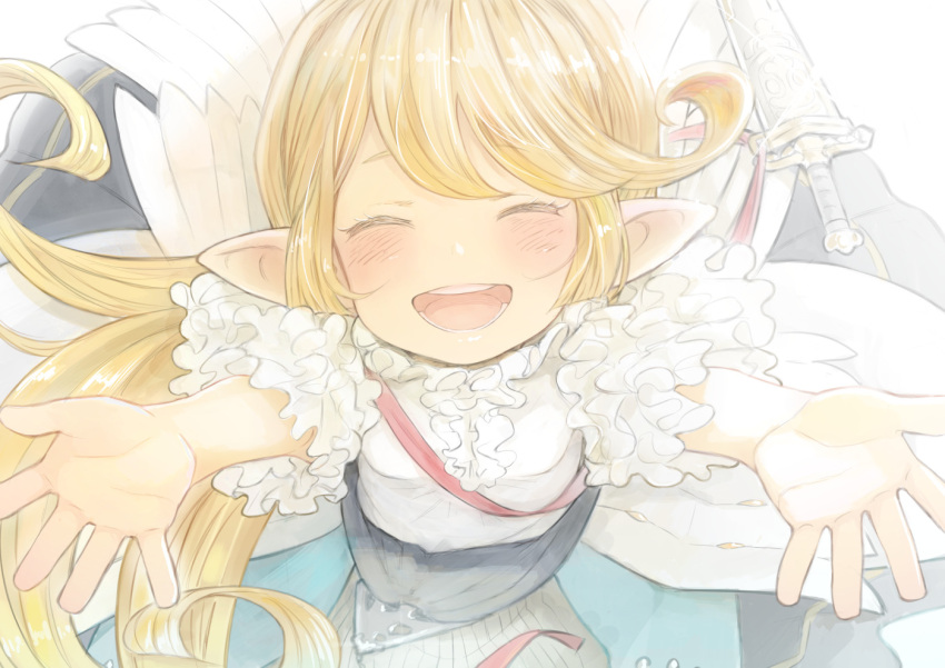 1girl :d ^_^ blonde_hair blush charlotta_fenia closed_eyes closed_eyes commentary_request facing_viewer frills granblue_fantasy happy harvin incoming_hug long_hair open_mouth outstretched_arms pointy_ears sheath short smile solo walkalone