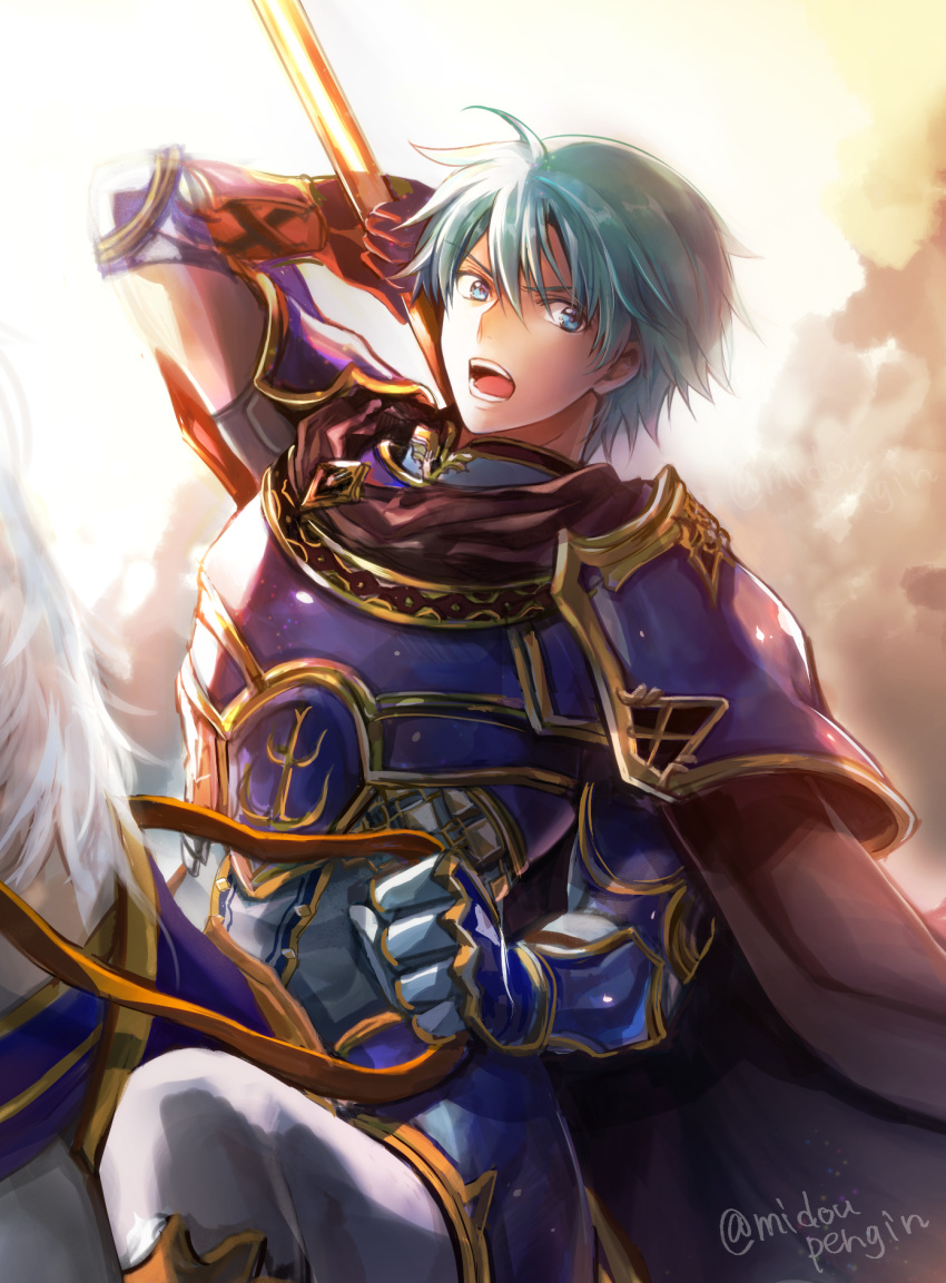 1boy angry black_cape blue_eyes blue_hair breastplate cape ephraim fire_emblem fire_emblem:_seima_no_kouseki fire_emblem:_the_sacred_stones fire_emblem_8 gauntlets hair_between_eyes highres holding_polearm horse intelligent_systems mintes nintendo open_mouth pants riding shiny shiny_hair shoulder_armor solo spaulders white_pants