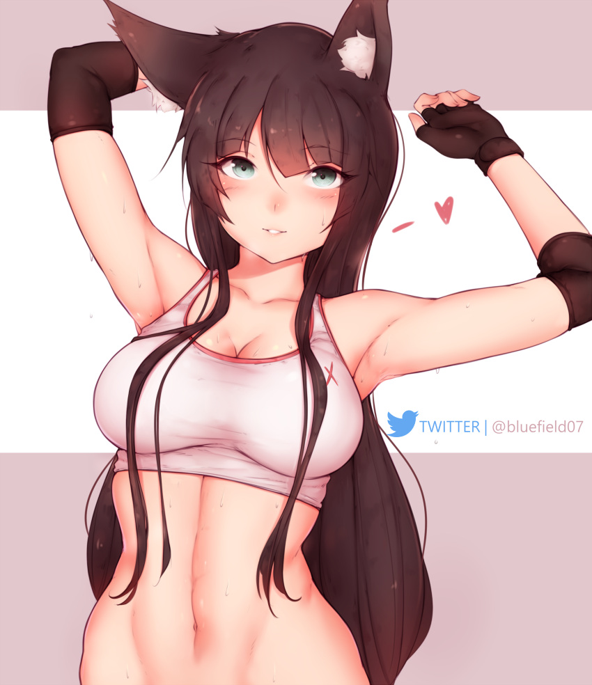 1girl absurdres animal_ear_fluff animal_ears armpits arms_up artist_name bangs bare_shoulders black_gloves bluefield blush breasts brown_hair cleavage commentary crop_top english_commentary eyebrows_visible_through_hair fingerless_gloves fox_ears fox_girl gloves green_eyes hair_between_eyes highres impossible_clothes long_hair looking_at_viewer medium_breasts navel original sidelocks solo stomach sweat twitter twitter_username upper_body