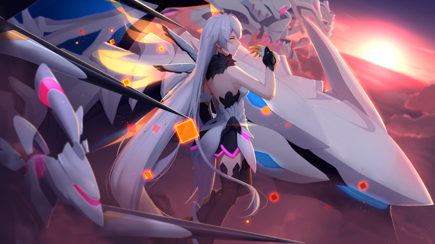 1girl armor armored_dress bangs bare_shoulders benares_(honkai_impact) breasts cube dark_persona dragon dress elbow_gloves energy_wings expressionless floating floating_weapon fur-trimmed_dress gloves hair_between_eyes hair_ornament hand_up herrscher_of_the_void highres honkai_impact jewelry kiana_kaslana large_breasts light_particles long_hair parted_lips polearm purple_sky sidelocks silver_hair single_elbow_glove spear sunset thigh-highs very_long_hair weapon yellow_eyes yuuta_(806350354)