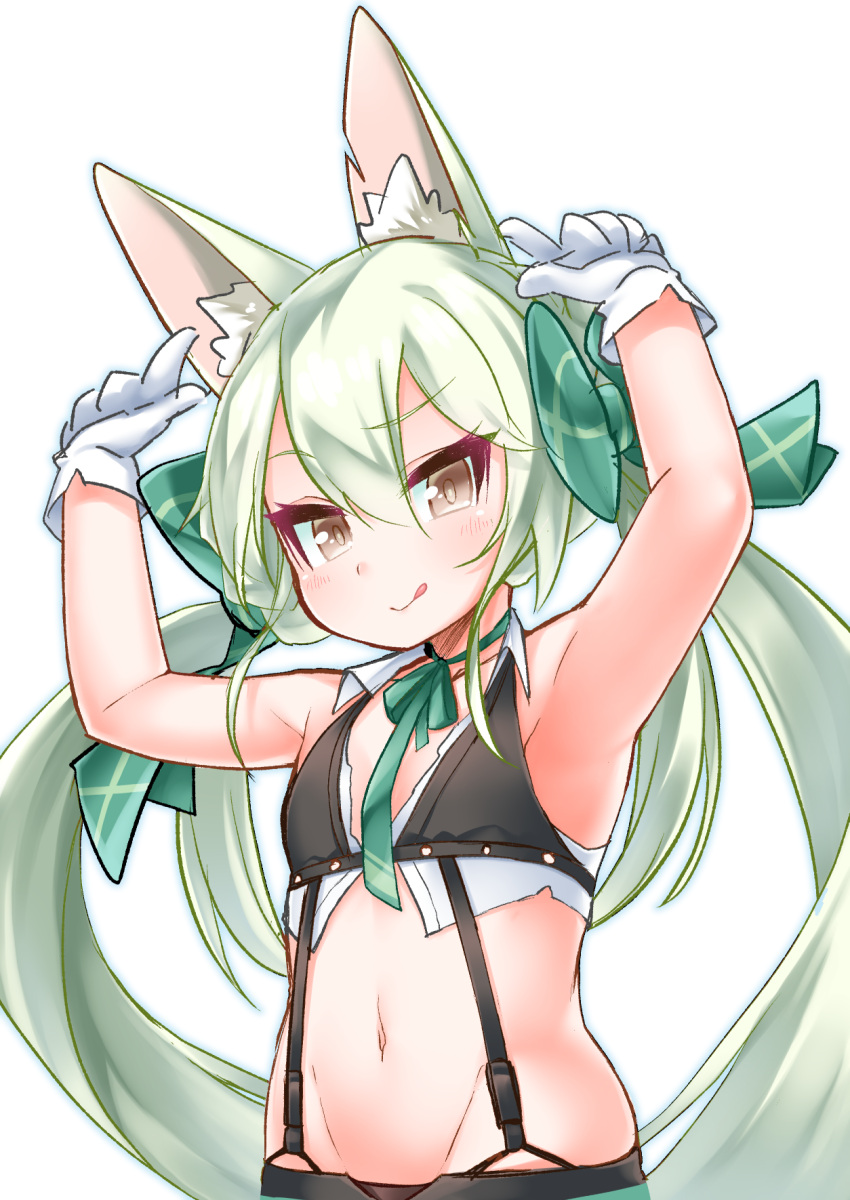 1girl :q animal_ear_fluff animal_ears armpits arms_up art556_(girls_frontline) bangs bare_shoulders blue_outline blush bow brown_eyes closed_mouth collarbone commentary_request crop_top eyebrows_visible_through_hair girls_frontline gloves green_bow green_hair green_neckwear green_ribbon groin hair_between_eyes hair_bow head_tilt highres kirisame_mia long_hair looking_at_viewer midriff navel neck_ribbon ribbon smile solo tongue tongue_out very_long_hair white_background white_gloves