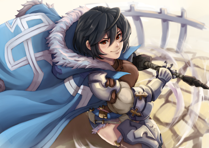 1girl absurdres armor belt black_gloves black_hair caiman-pool cape celliera coat dragalia_lost fighting_stance gauntlets gloves highres holding holding_weapon orange_eyes short_hair short_shorts shorts smile solo sword thigh-highs weapon