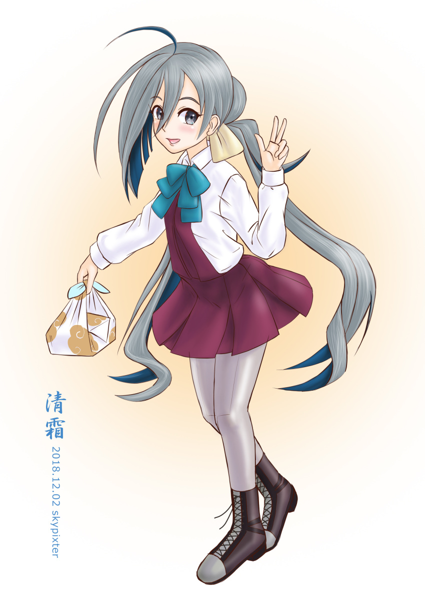 1girl absurdres ahoge artist_name blue_hair blue_neckwear boots bow bowtie carrying carrying_bag cross-laced_footwear dated dress grey_eyes grey_hair grey_legwear hair_between_eyes hair_bun halterneck highres kantai_collection kiyoshimo_(kantai_collection) lace-up_boots long_hair long_sleeves low_twintails multicolored_hair open_mouth pantyhose school_uniform shirt skypixter sleeveless sleeveless_dress smile solo twintails very_long_hair w white_shirt