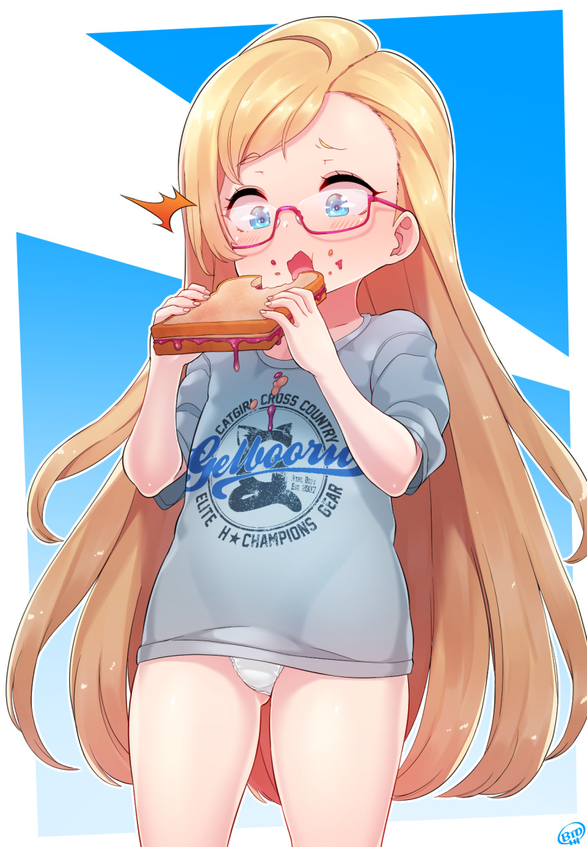 1girl ^^^ artist_name ass_visible_through_thighs asymmetrical_hair bangs blonde_hair blue_background blue_eyes blush border born-to-die child clothed_writing constricted_pupils cowboy_shot dripping eating english_text eyebrows_visible_through_hair flat_chest food food_bite food_on_clothes food_on_face gelbooru gelbooru-tan glasses grey_shirt hands_up highres holding holding_food loli long_hair open_mouth outline outside_border panties pink-framed_eyewear raised_eyebrow sandwich semi-rimless_eyewear shiny shiny_hair shiny_skin shirt short_sleeves signature simple_background solo spill standing swept_bangs thighs two-tone_background underwear very_long_hair white_border white_outline white_panties wide-eyed