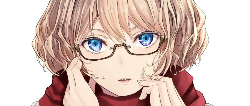 1girl alice_margatroid bangs bespectacled blonde_hair blue_eyes brown-framed_eyewear close-up eyelashes face fingernails glasses hair_between_eyes highres lips looking_at_viewer nabeshima_tetsuhiro open_mouth parted_lips red_scarf scarf short_hair simple_background solo touhou white_background