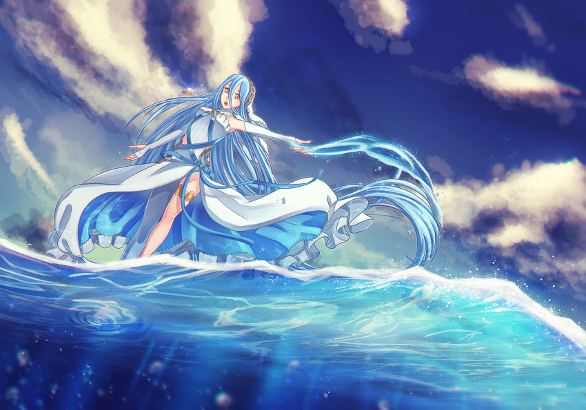 1girl absurdly_long_hair aqua_(fire_emblem_if) asymmetrical_legwear blue_hair blue_legwear blue_ribbon blue_sky bridal_gauntlets clouds day detached_sleeves dress dutch_angle fire_emblem fire_emblem_if from_below hair_between_eyes long_hair long_sleeves looking_at_viewer lopuii nintendo open_mouth outdoors ribbon sky sleeveless sleeveless_dress solo sparkle standing thighlet very_long_hair water white_dress white_sleeves yellow_eyes