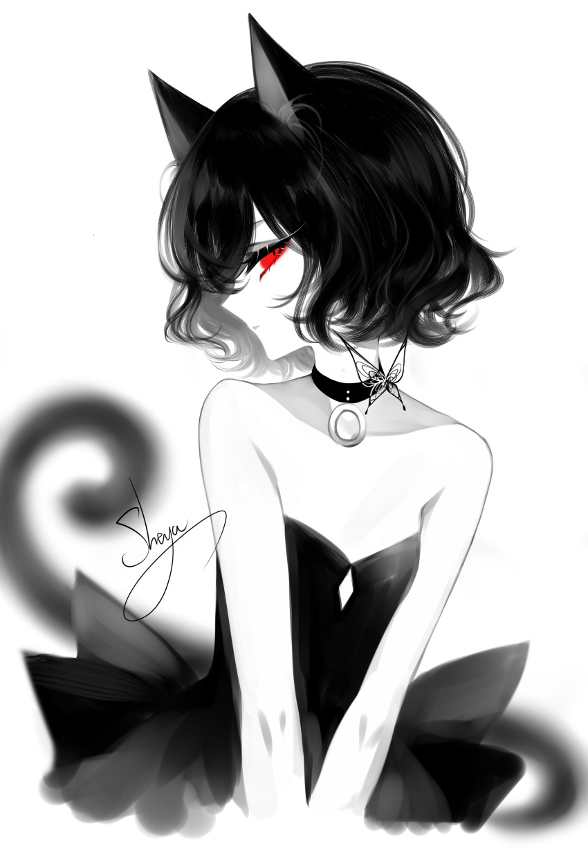 1girl absurdres animal_ears artist_name bare_arms bare_shoulders black_hair breasts bug butterfly cat_ears cat_tail choker collarbone commentary dress eyelashes highres insect limited_palette looking_at_viewer original parted_lips profile red_eyes sheya short_hair signature simple_background small_breasts solo spot_color strapless strapless_dress tail upper_body v_arms white_background