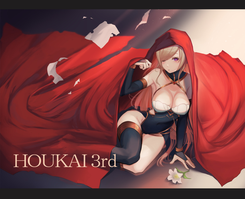 arm_support black_dress black_footwear black_gloves black_leotard blush bracelet breasts bridal_gauntlets cape cleavage covered_navel dress flower gloves gold_trim halter_dress hand_up highres honkai_impact jewelry large_breasts leotard letterboxed light_brown_hair long_hair lying michelangelo_(honkai_impact) on_side one_eye_closed open_mouth pelvic_curtain piniita side_cutout side_slit single_knee_boot single_thigh_boot underbust very_long_hair violet_eyes