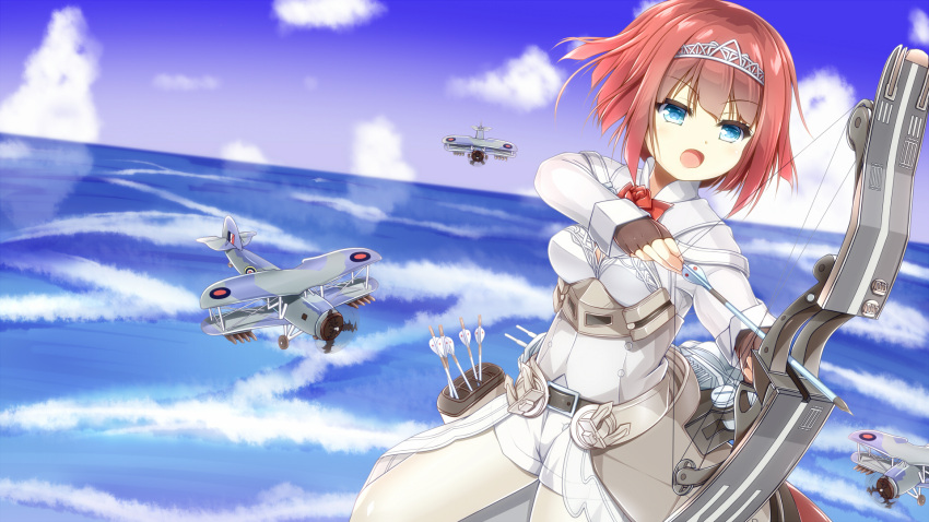 1girl aircraft aircraft_request airplane ark_royal_(kantai_collection) arrow bangs blue_eyes blue_sky blunt_bangs bob_cut bow_(weapon) cleavage_cutout clouds commentary_request compound_bow corset cowboy_shot fingerless_gloves gloves hairband highres horizon kantai_collection long_sleeves mizunashi_rei ocean outdoors overskirt pantyhose quiver red_ribbon redhead ribbon short_hair shorts sky solo tiara weapon white_legwear white_shorts