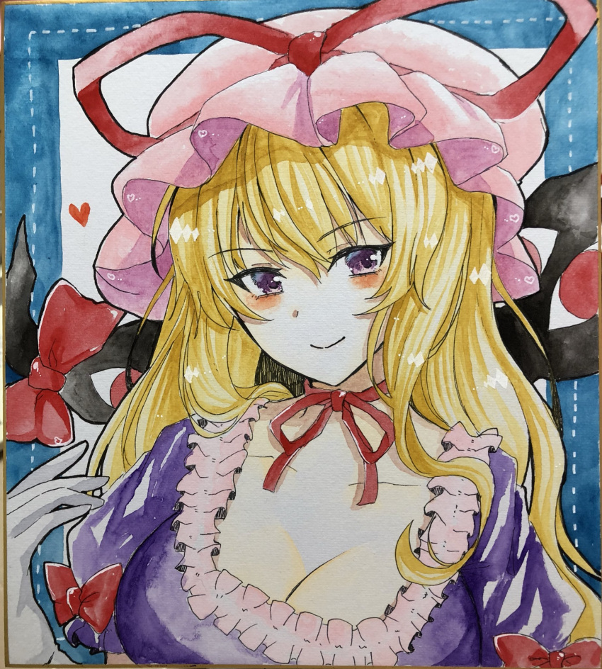 1girl bangs blonde_hair blush breasts cleavage closed_mouth commentary_request eyebrows_visible_through_hair gap gloves hair_between_eyes hand_up hat hat_ribbon heart highres large_breasts long_hair looking_at_viewer photo pink_hat puffy_short_sleeves puffy_sleeves red_ribbon ribbon short_sleeves smile solo tanaji touhou traditional_media upper_body violet_eyes white_gloves yakumo_yukari