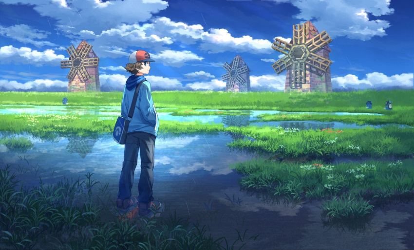 1boy bag baseball_cap blue_footwear blue_hoodie blue_sky brown_eyes brown_hair clouds cloudy_sky creatures_(company) field from_behind game_freak gen_5_pokemon grass hands_in_pockets hat hood hood_down looking_at_viewer looking_back nintendo outdoors palpitoad pants pippi_(pixiv_1922055) pokemon pokemon_(creature) reflection shoes shoulder_bag sky smile solo touya_(pokemon) windmill