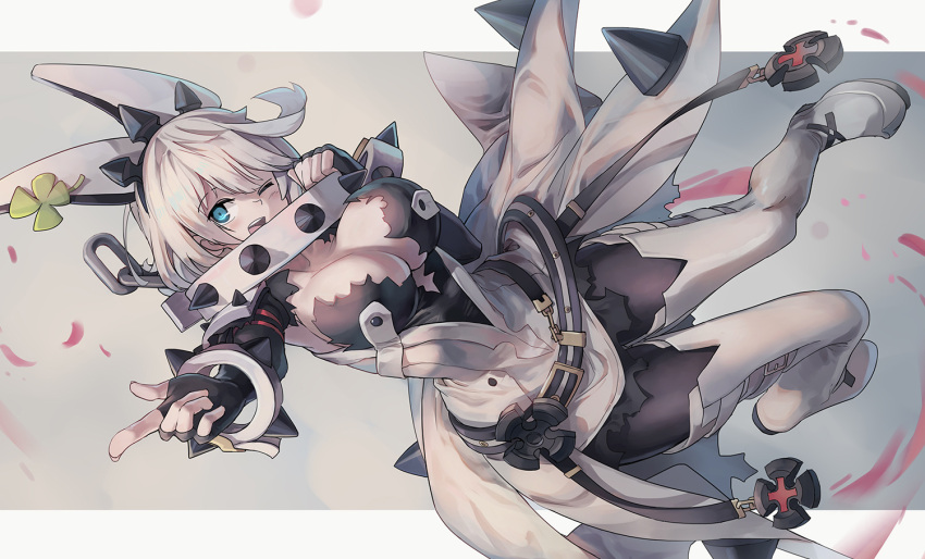 1girl blue_eyes blush breasts cleavage clover collar elphelt_valentine fingerless_gloves four-leaf_clover gloves guilty_gear huanxiang_huifeng large_breasts looking_at_viewer one_eye_closed open_mouth short_hair smile solo spiked_collar spikes white_hair