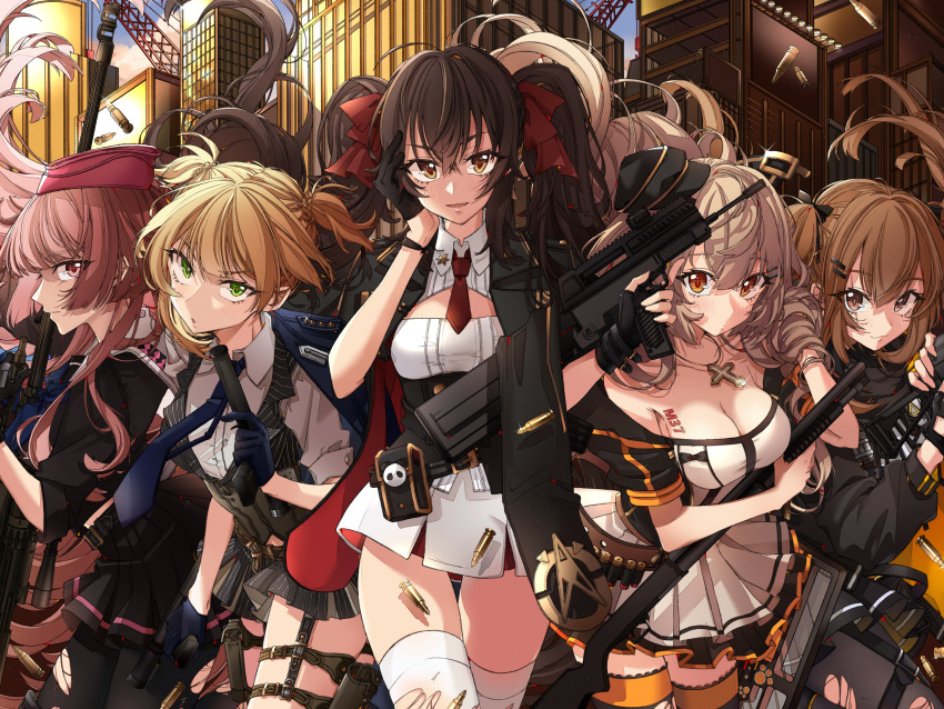 5girls :d :o absurdres anti-materiel_rifle bangs black_gloves black_jacket black_legwear black_skirt black_vest blonde_hair blue_gloves blue_neckwear blush bow breasts brown_eyes brown_hair building bullet cleavage closed_mouth collared_shirt commentary_request cross cross_necklace dress_shirt eyebrows_visible_through_hair fingerless_gloves floating_hair garrison_cap girls_frontline gloves green_eyes gun h&amp;k_ump9 hair_between_eyes hair_bow half_gloves handgun hands_up hat head_tilt highres holding holding_gun holding_weapon holster huge_filesize ithaca_m37 ithaca_m37_(girls_frontline) jacket jewelry large_breasts looking_at_viewer multiple_girls necklace necktie ntw-20 ntw-20_(girls_frontline) object_namesake open_mouth osanai pantyhose parted_lips pistol pleated_skirt profile qbz-97 qbz-97_(girls_frontline) red_bow red_hat red_neckwear rifle shirt short_necktie short_sleeves short_twintails shotgun single_fingerless_glove skirt skyscraper small_breasts smile sniper_rifle striped suppressor thigh-highs thigh_holster torn_clothes torn_legwear twintails two_side_up ump9_(girls_frontline) vertical-striped_skirt vertical-striped_vest vertical_stripes vest weapon welrod_mk2_(girls_frontline) white_legwear white_shirt white_skirt