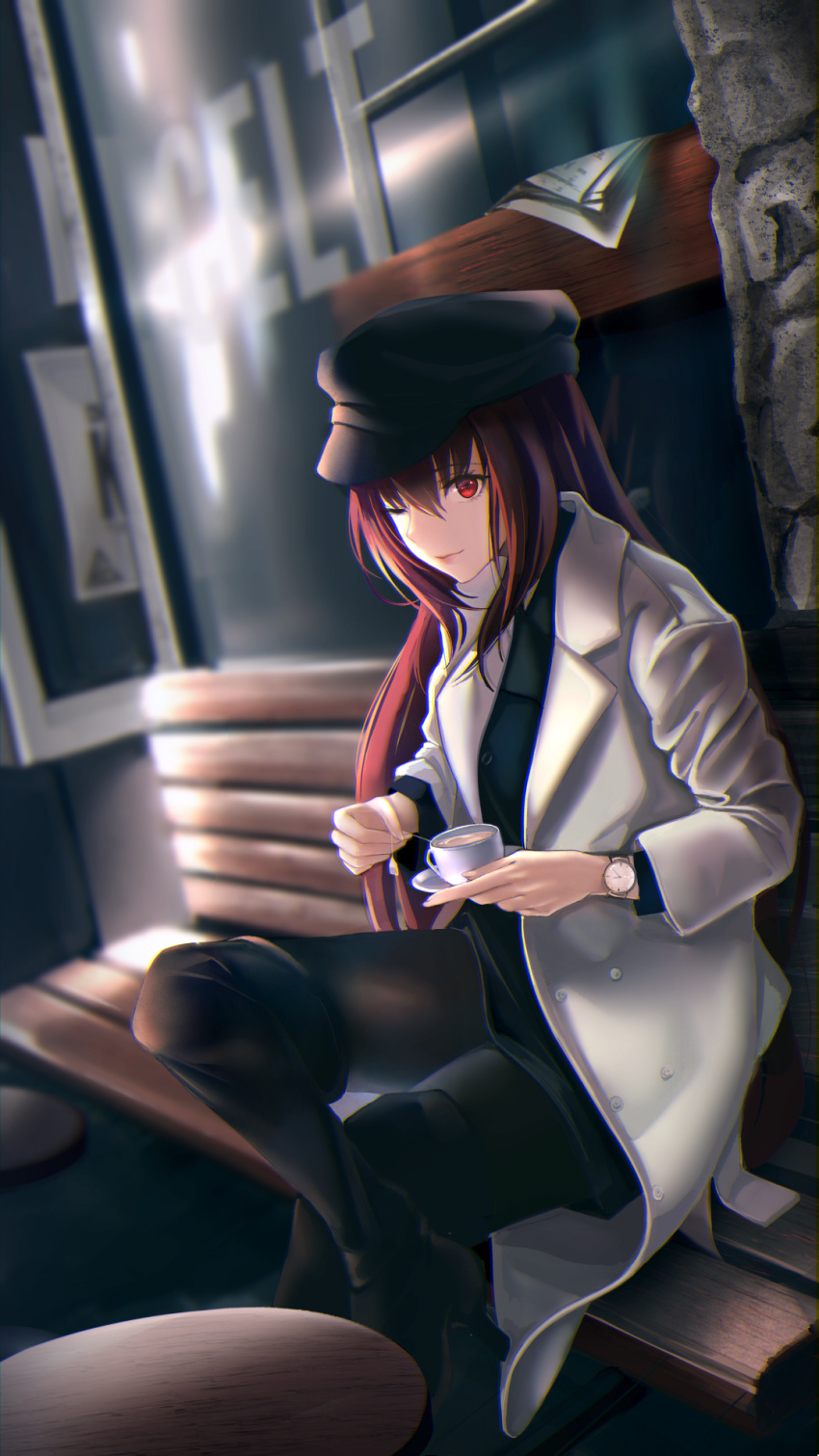 1girl bangs bench black_dress black_footwear black_hat black_legwear blurry boots breasts casual coat cup depth_of_field dress dutch_angle fate/grand_order fate_(series) hat high_heel_boots high_heels highres holding_saucer kisaragi_chiyuki large_breasts legs_crossed long_hair looking_at_viewer newspaper one_eye_closed open_clothes open_coat pantyhose purple_hair red_eyes saucer scathach_(fate)_(all) scathach_(fate/grand_order) sidelocks sitting smile solo table tea teabag thigh-highs thigh_boots very_long_hair watch white_coat