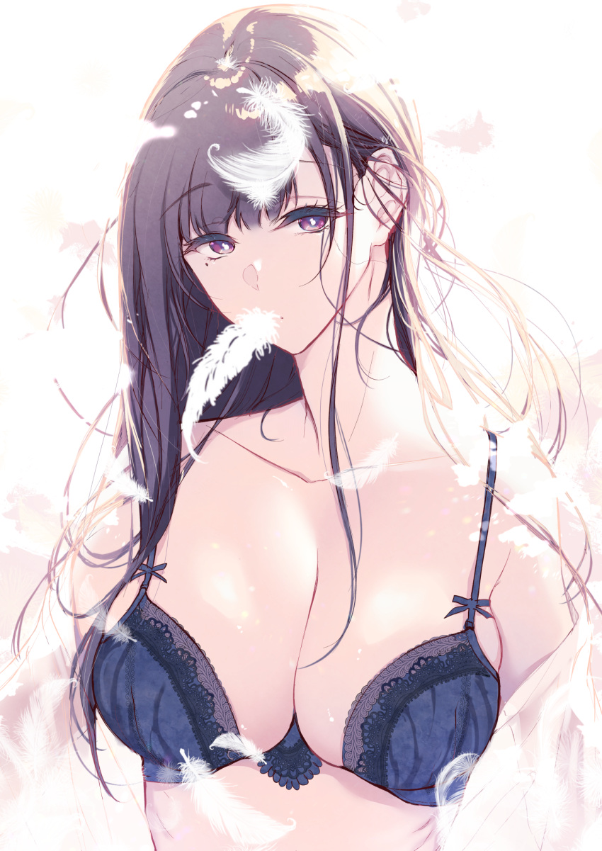 1girl ane_naru_mono black_bra black_hair bra breasts chiyo_(ane_naru_mono) collarbone eyebrows_visible_through_hair highres large_breasts lingerie long_hair looking_at_viewer off_shoulder open_clothes open_shirt pochi_(pochi-goya) see-through simple_background solo underwear upper_body violet_eyes
