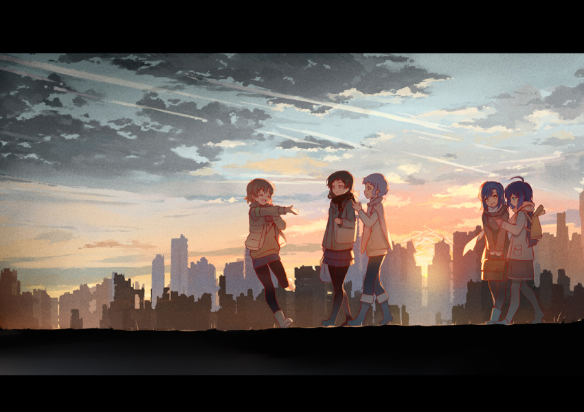 5girls :d ^_^ ahoge backlighting backpack bag bangs black_hair black_jacket black_legwear black_skirt blazer blue_eyes blue_hair boots capelet city cityscape closed_eyes closed_eyes clouds cloudy_sky commentary_request duffel_bag gradient_sky hands_up holding holding_bag holding_phone hood hood_down hooded_jacket idolmaster idolmaster_million_live! jacket kinoshita_neko kitazawa_shiho layered_skirt letterboxed long_hair long_sleeves looking_at_another makabe_mizuki miniskirt mochizuki_anna multiple_girls nanao_yuriko open_clothes open_jacket open_mouth outdoors outstretched_hand pants pantyhose phone pink_scarf profile scarf school_uniform shoes sidelocks skirt sky skyline sleeveless_jacket smile sunlight sunset v_arms walking white_footwear white_hair white_jacket wide_shot yabuki_kana yellow_eyes