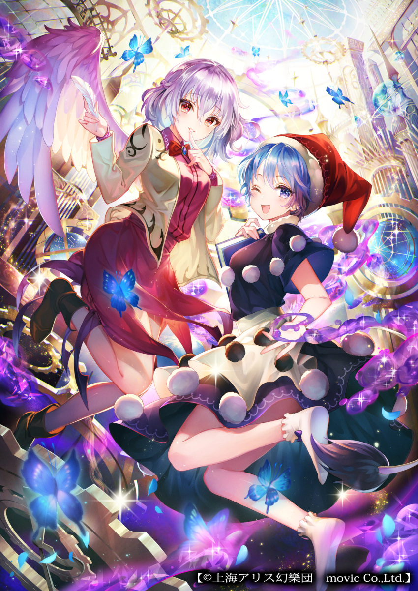 2girls architecture bangs bare_legs black_dress blue_eyes blue_hair book bow bowtie braid breasts brooch brown_footwear bug butterfly commentary_request doremy_sweet dream_soul dress eyebrows_visible_through_hair feathered_wings feathers finger_to_mouth gears hand_up hat highres insect jacket jewelry kishin_sagume long_sleeves looking_at_viewer medium_breasts multiple_girls nemusuke nightcap one_eye_closed open_mouth petals pom_pom_(clothes) purple_shirt purple_skirt purple_wings red_eyes red_hat red_neckwear shiny shiny_hair shirt shoes short_hair silver_hair single_wing skirt skirt_set smile socks sparkle tail tapir_tail touhou white_legwear wings