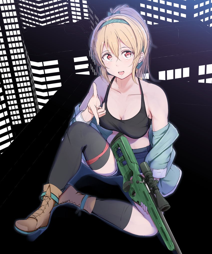 1girl absurdres ankoiri blonde_hair boots bow breasts building cleavage finger_gun girls_frontline gun hair_bow hairband highres holding holding_gun holding_weapon off_shoulder orange_eyes ponytail rifle sitting sniper_rifle solo sv-98 sv-98_(girls_frontline) tank_top thigh-highs weapon
