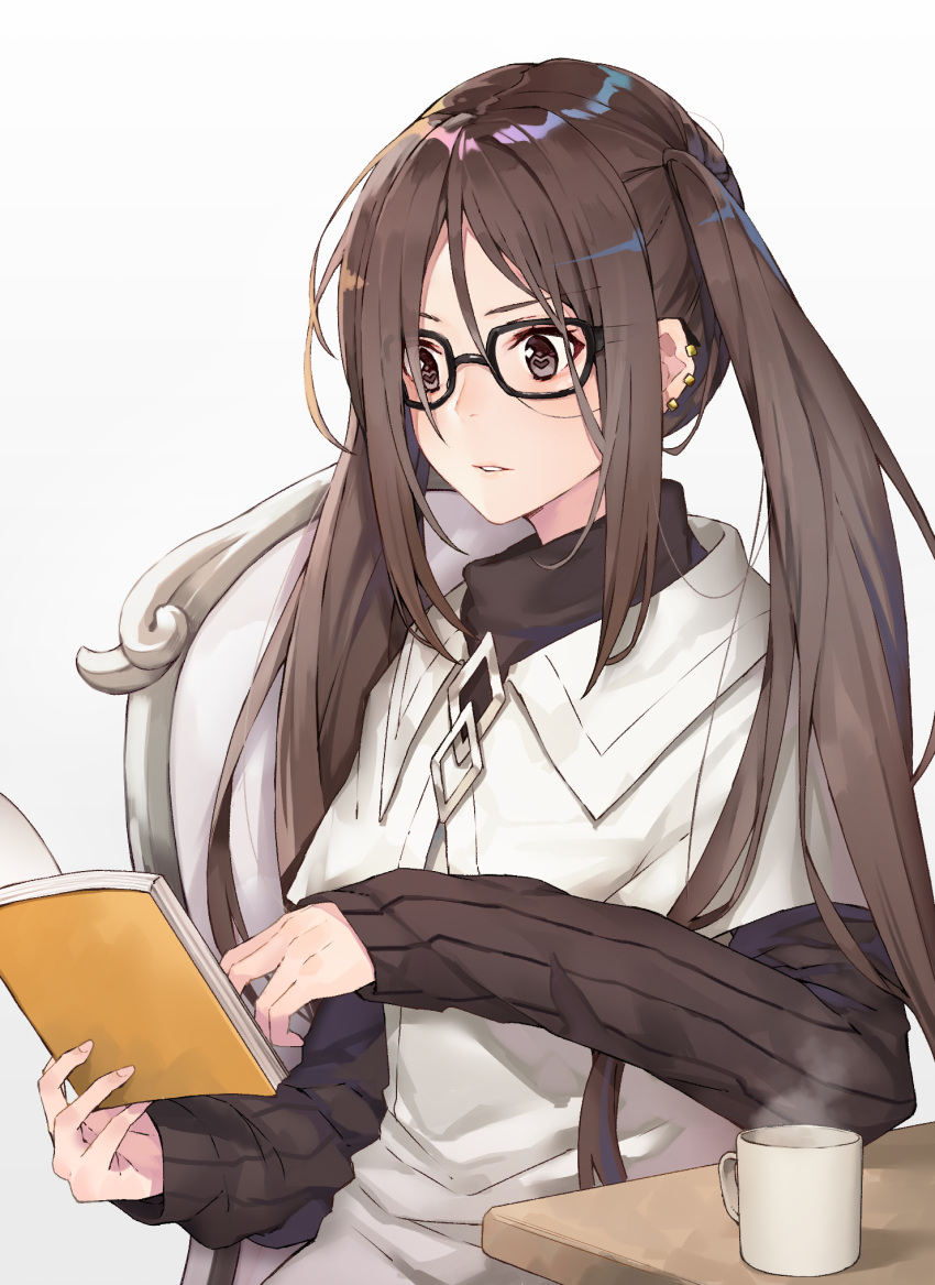 1girl akuta_hinako bangs black-framed_eyewear black_cola book brown_eyes brown_hair brown_shirt capelet chair commentary_request cup dress ear_piercing earrings fate/grand_order fate_(series) fingernails glasses grey_background hair_between_eyes highres holding holding_book jewelry long_hair long_sleeves mug on_chair open_book parted_bangs parted_lips piercing shirt simple_background sitting sleeveless sleeveless_dress sleeves_past_wrists solo steam striped striped_shirt table vertical-striped_shirt vertical_stripes very_long_hair white_capelet white_dress