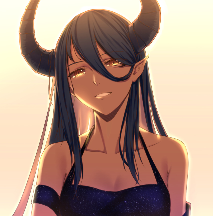 1girl bare_shoulders black_dress black_hair bloom collarbone demon_girl dress eyebrows_visible_through_hair hair_between_eyes horns long_hair looking_at_viewer open_mouth original pointy_ears solo yellow_eyes zemeth