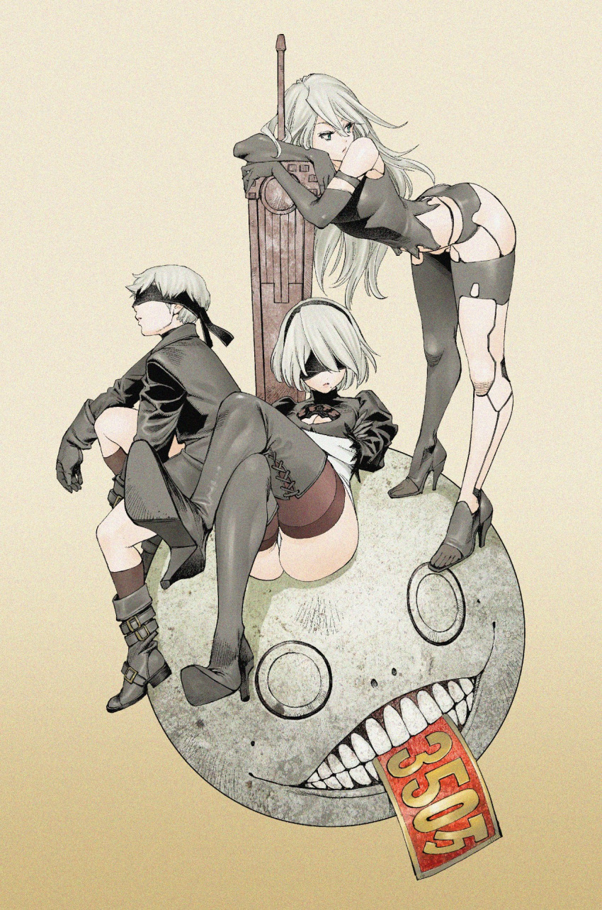 1boy 2girls ass bent_over black_footwear black_legwear blindfold boots breasts cleavage cleavage_cutout crossed_arms emil_(nier) feather-trimmed_sleeves hairband high_heel_boots high_heels highres legs_crossed leotard long_hair mole mole_under_mouth multiple_girls nier_(series) nier_automata planted_weapon puffy_sleeves shinya_komi short_hair silver_hair simple_background sitting sword thigh-highs weapon yorha_no._2_type_b yorha_no._9_type_s yorha_type_a_no._2