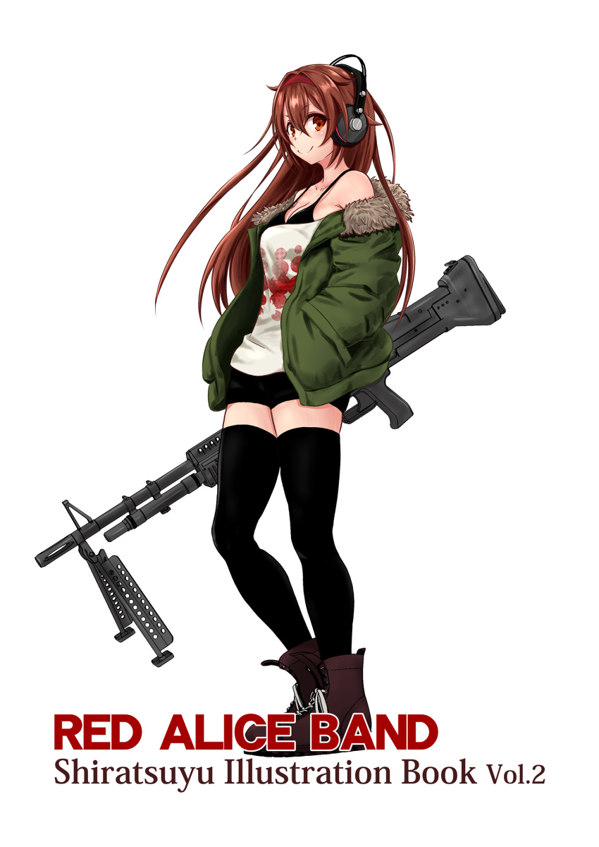 1girl boots brown_hair camisole fur_trim gun hair_flaps hairband headphones highres jacket kantai_collection long_hair m60 machine_gun mg_(momogaki) orange_eyes red_hairband remodel_(kantai_collection) shiratsuyu_(kantai_collection) short_shorts shorts solo thigh-highs weapon