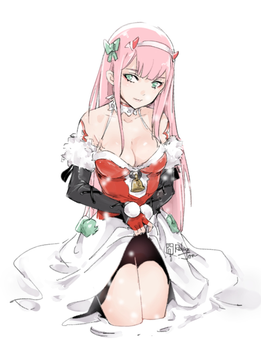 1girl alternate_costume artist_name bare_shoulders bell breasts cleavage darling_in_the_franxx elbow_gloves fingerless_gloves gloves green_eyes highres large_breasts long_hair looking_at_viewer pink_hair relaxjon santa_costume sketch solo white_background zero_two_(darling_in_the_franxx)