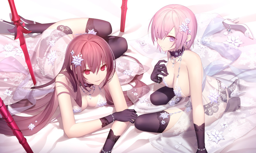 2girls anklet arm_support artoria_pendragon_(all) artoria_pendragon_(lancer_alter) artoria_pendragon_(lancer_alter)_(cosplay) ass babydoll bangs bare_shoulders black_panties blush bracelet breasts choker cleavage cosplay craft_essence eyebrows_visible_through_hair fate_(series) gae_bolg garter_belt glasses gloves hair_between_eyes hair_over_one_eye hand_on_own_chest high_heels highres jewelry large_breasts lingerie long_hair looking_at_viewer lying mash_kyrielight multiple_girls navel necklace on_stomach open_mouth panties pink_hair purple_hair red_eyes revealing_clothes royal_icing scathach_(fate)_(all) see-through shinooji short_hair sitting smile thigh-highs underwear very_long_hair violet_eyes white_footwear yokozuwari