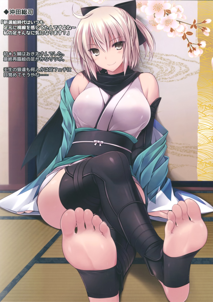 1girl absurdres against_wall ahoge arm_guards bare_shoulders barefoot black_bow black_legwear bow breasts collarbone fate_(series) feet floral_print full_body grey_eyes grey_hair hair_between_eyes hair_bow half_updo haori highres japanese_clothes kimono koha-ace large_breasts legs_crossed looking_at_viewer naturalton obi okita_souji_(fate) okita_souji_(fate)_(all) ponytail pov_feet sash scan scarf shiny shiny_clothes short_hair short_kimono sitting sleeveless sleeveless_kimono smile soles solo tatami thigh-highs thighs toeless_legwear toenails toes