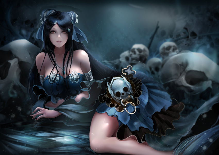 1girl absurdres aquamarine_(stone) bangs bare_shoulders black_hair blue_dress blue_ribbon blue_shawl blurry blurry_background breasts brown_nails chun_ni_(pixiv_25187426) cleavage collarbone cross detached_sleeves dress hair_ornament hair_ribbon highres jewelry large_breasts layered_dress light_particles long_hair lying necklace on_side original parted_bangs parted_lips pink_lips ribbon shawl sidelocks skull sparkle sword two_side_up very_long_hair weapon wide_sleeves