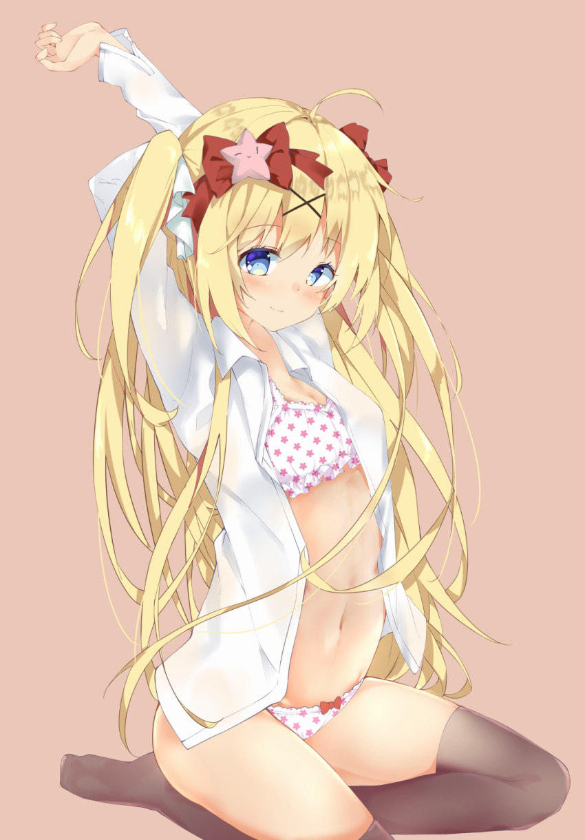 1girl ahoge arms_up bangs blonde_hair blue_eyes blush bow bow_panties bra breasts brown_background brown_legwear cleavage closed_mouth collared_shirt copyright_request eyebrows_visible_through_hair hair_between_eyes hair_bow hair_ornament head_tilt highres long_hair long_sleeves navel no_shoes open_clothes open_shirt panties print_bra print_panties red_bow seiza shiraki_shiori shirt sidelocks simple_background sitting small_breasts smile solo star stomach stretch thigh-highs thighs two_side_up underwear very_long_hair white_bra white_panties white_shirt x_hair_ornament