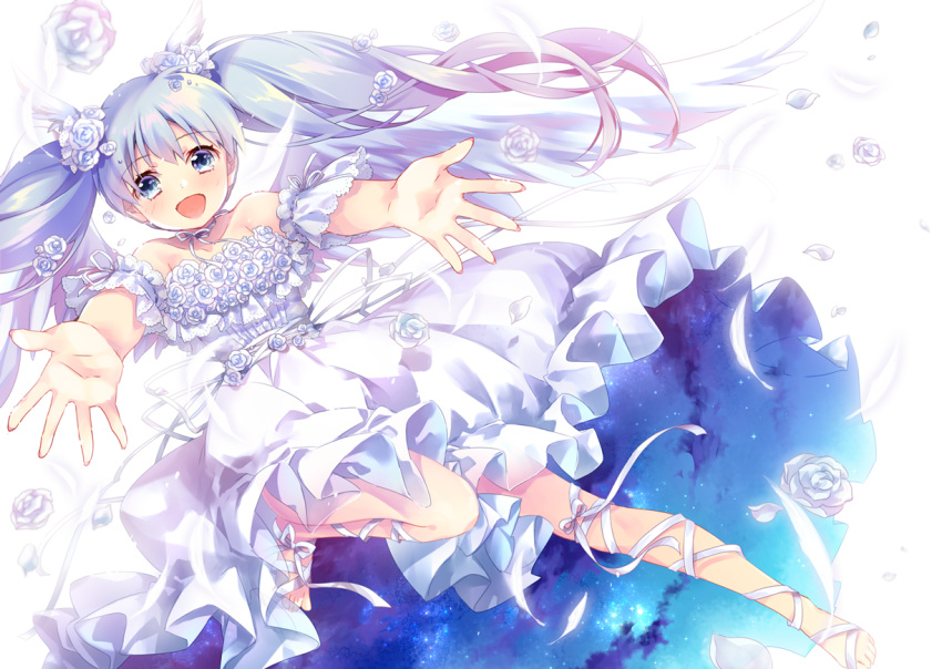 1girl bare_shoulders barefoot blue_eyes blue_hair dress ech eyebrows_visible_through_hair flower long_hair looking_at_viewer open_mouth outstretched_arms ribbon solo tama_(wixoss) twintails white_dress wixoss