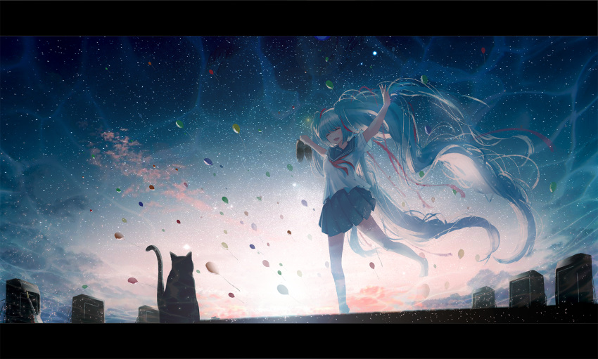 1girl aqua_hair barefoot black_cat blue_sailor_collar blue_skirt blue_theme cat chocoshi closed_eyes clouds commentary_request hatsune_miku highres holding holding_shoes light_particles long_hair neckerchief night night_sky open_mouth outdoors pleated_skirt red_neckerchief sailor_collar school_uniform serafuku shirt shoes short_sleeves skirt sky smile solo standing star_(sky) starry_sky sunlight twintails vocaloid white_shirt wide_shot