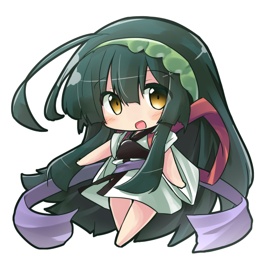 1girl :d ahoge bangs barefoot blush brown_eyes chibi commentary_request eyebrows_visible_through_hair full_body green_hair green_hairband green_kimono hair_between_eyes hairband highres japanese_clothes kimono long_hair muneate open_mouth ryogo short_sleeves smile solo touhoku_zunko transparent_background very_long_hair voiceroid wide_sleeves