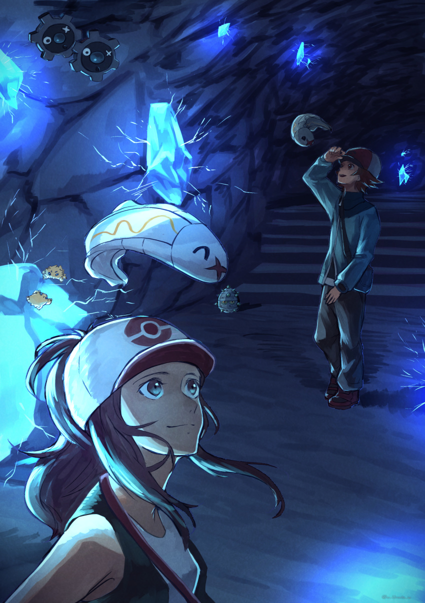 1boy 1girl ^_^ absurdres arm_at_side arm_up bare_shoulders baseball_cap black_vest brown_hair cave closed_eyes closed_eyes closed_mouth commentary_request creatures_(company) crystal electricity ferroseed flipped_hair floating game_freak gen_5_pokemon glowing glowing_crystal hand_on_headwear hat high_ponytail highres jacket joltik klink long_hair long_sleeves looking_at_another looking_up nintendo open_mouth pants pokemon pokemon_(creature) pokemon_(game) pokemon_bw ponytail shirt shoes short_hair sidelocks sleeveless sleeveless_shirt smile stairs standing touko_(pokemon) touya_(pokemon) tynamo vest w-moz9-w white_shirt