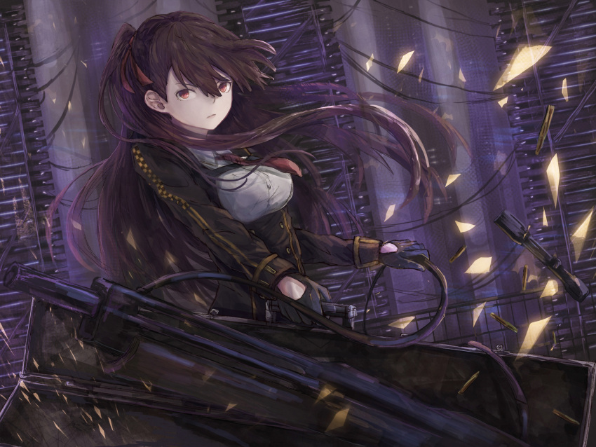 1girl bangs bipod black_legwear black_skirt blazer blush braid breasts bullet bullpup closed_mouth eyebrows_visible_through_hair floating_hair framed_breasts french_braid girls_frontline gloves gun hair_ribbon half_updo high-waist_skirt highres holding holding_gun holding_weapon jacket large_breasts long_hair looking_at_viewer necktie one_side_up pantyhose pelvic_curtain purple_hair red_eyes red_neckwear red_ribbon ribbon rifle shirt sidelocks skirt sniper_rifle solo strap very_long_hair wa2000_(girls_frontline) walther walther_wa_2000 weapon weapon_case wind wind_lift yomi_(yomi14_pyaon)