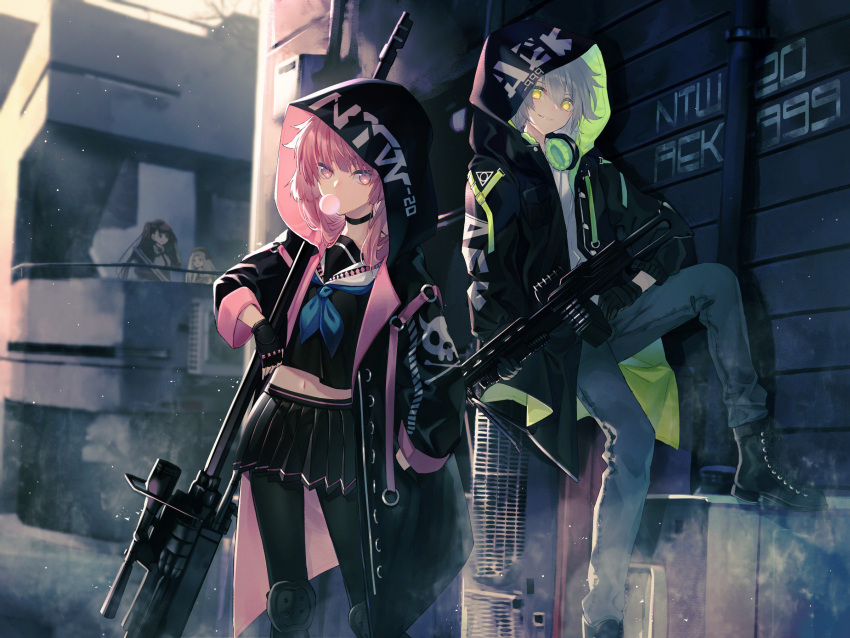 4girls aek-999 aek-999_(girls_frontline) anti-materiel_rifle bangs beret bipod black_gloves black_jacket black_legwear blazer blue_eyes breasts bubble_blowing bullpup character_name chewing_gum clothes_writing coat day eyebrows_visible_through_hair girls_frontline gloves goggles goggles_on_head grey_hair gun h&amp;k_mp5 hair_between_eyes hair_ribbon haizome_senri half_updo hat headphones headphones_around_neck heckler_&amp;_koch highres holding holding_gun holding_weapon hood hood_up jacket knee_pads large_breasts long_hair looking_at_viewer machine_gun midriff mp5_(girls_frontline) multiple_girls navel necktie ntw-20 ntw-20_(girls_frontline) object_namesake one_side_up open_clothes open_coat open_mouth outdoors pants pantyhose pink_eyes pink_hair pleated_skirt purple_hair red_eyes red_neckwear ribbon rifle shirt shoes sidelocks silver_hair skirt skull_print smile sniper_rifle submachine_gun very_long_hair wa2000_(girls_frontline) walther walther_wa_2000 weapon white_shirt yellow_eyes