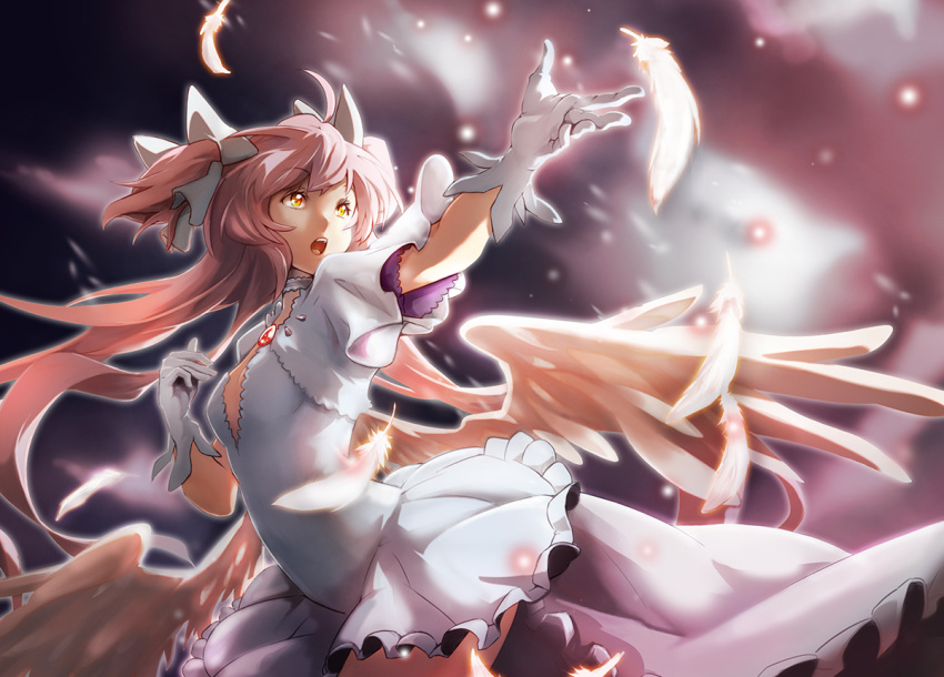 1girl :o breasts cowboy_shot dress eyebrows_visible_through_hair feathered_wings feathers floating_hair frilled_dress frills gloves goddess_madoka hair_ribbon kaname_madoka long_hair looking_away mahou_shoujo_madoka_magica open_mouth outstretched_hand pink_hair ribbon shaded_face small_breasts solo sparkle twintails upper_body upper_teeth very_long_hair white_dress white_gloves white_ribbon wings yayilu yellow_eyes