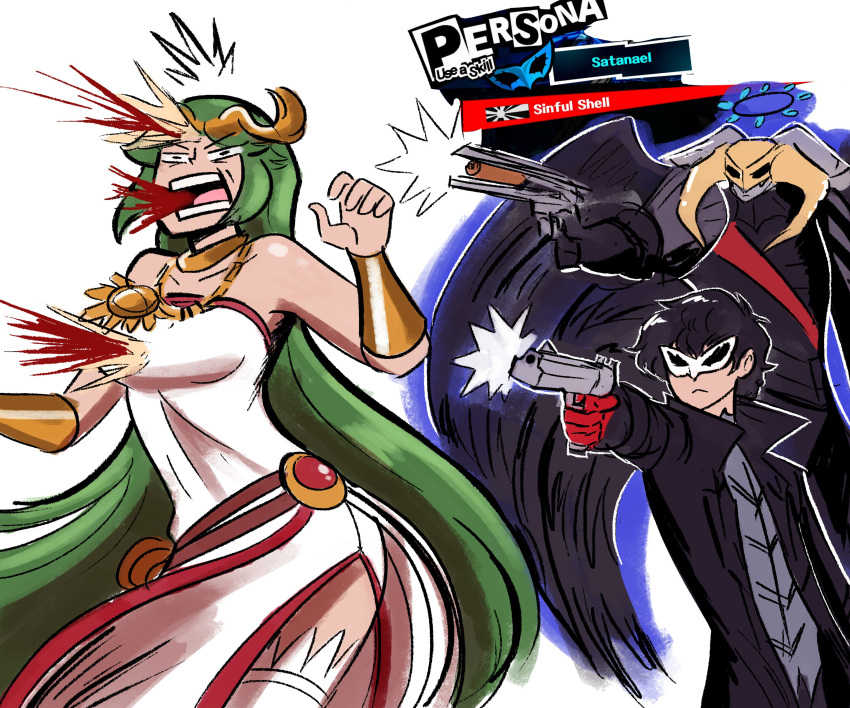 1boy 1girl absurdres amamiya_ren bare_shoulders black_hair blood blue_eyes breasts cape dress gameplay_mechanics gloves green_eyes green_hair gun hair_ornament highres jewelry kid_icarus long_hair looking_at_viewer mask necklace nintendo open_mouth palutena pants persona persona_5 plaid plaid_pants red_gloves satanel scruffyturtles short_hair smile spoilers super_smash_bros. super_smash_bros._ultimate tiara very_long_hair weapon