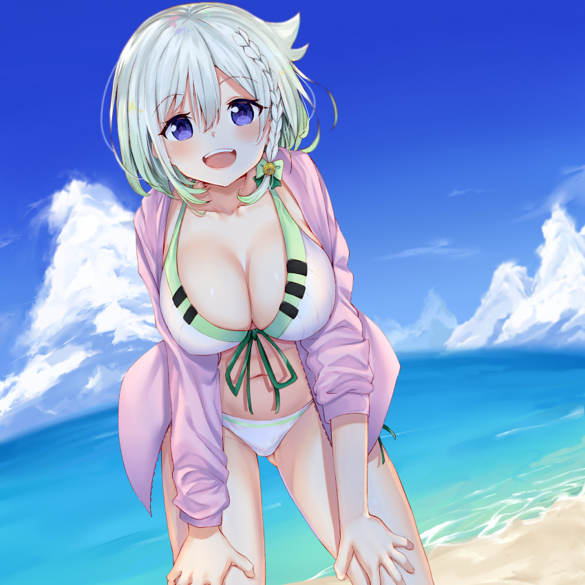 1girl absurdres beach bikini blue_eyes blue_sky braid breasts character_request cleavage clouds day enokinoko1010 highres horizon large_breasts long_hair looking_at_viewer navel ocean open_mouth outdoors short_hair sky smile solo swimsuit virtual_youtuber water