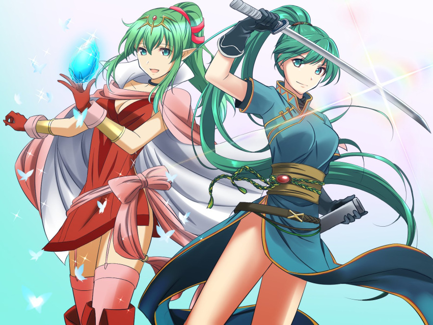 2girls bracelet cape chiki circlet dress earrings fingerless_gloves fire_emblem fire_emblem:_kakusei fire_emblem:_mystery_of_the_emblem fire_emblem:_rekka_no_ken fire_emblem_heroes garter_straps gloves green_eyes green_hair hair_ornament high_ponytail highres jewelry kakiko210 kakiko228 long_hair lyndis_(fire_emblem) mamkute multiple_girls nintendo older pelvic_curtain pink_dress pink_legwear pointy_ears ponytail red_dress short_dress side_slit stone super_smash_bros. super_smash_bros._ultimate sword thigh-highs tiara weapon