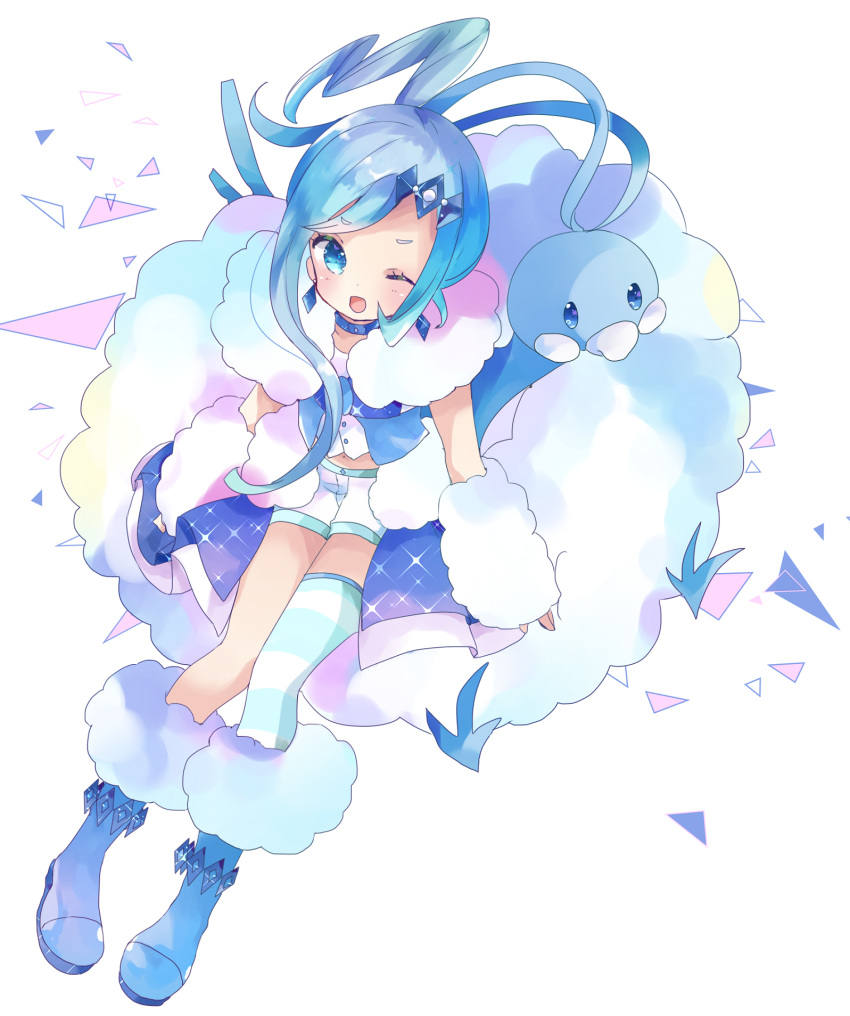 1girl ;d altaria asymmetrical_legwear bad_id bad_pixiv_id bangs blue_eyes blue_footwear blue_hair blush creatures_(company) earrings eyebrows_visible_through_hair from_above fur-trimmed_boots fur_trim game_freak gen_3_pokemon hair_ornament hairclip highres jewelry long_hair looking_at_viewer looking_up lucia_(pokemon) nintendo one_eye_closed open_mouth pokemon pokemon_(creature) pokemon_(game) pokemon_oras shirt short_shorts shorts sidelocks single_thighhigh sitting smile striped striped_legwear thigh-highs tsukiyo_(skymint) very_long_hair white_background white_shirt white_shorts