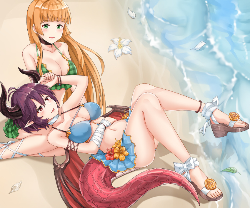 2girls anklet anne_(shingeki_no_bahamut) bikini bikini_skirt blonde_hair blue_bikini blush bracelet breasts calligraphy_brush_(medium) cleavage dragon_girl dragon_horns dragon_tail dragon_wings flower granblue_fantasy grea_(shingeki_no_bahamut) green_bikini green_eyes hibiscus highres horns jewelry large_breasts long_hair lying lying_on_lap multiple_girls on_back pointy_ears purple_hair red_eyes sandals shingeki_no_bahamut short_hair sitting springveiv swimsuit tail wings