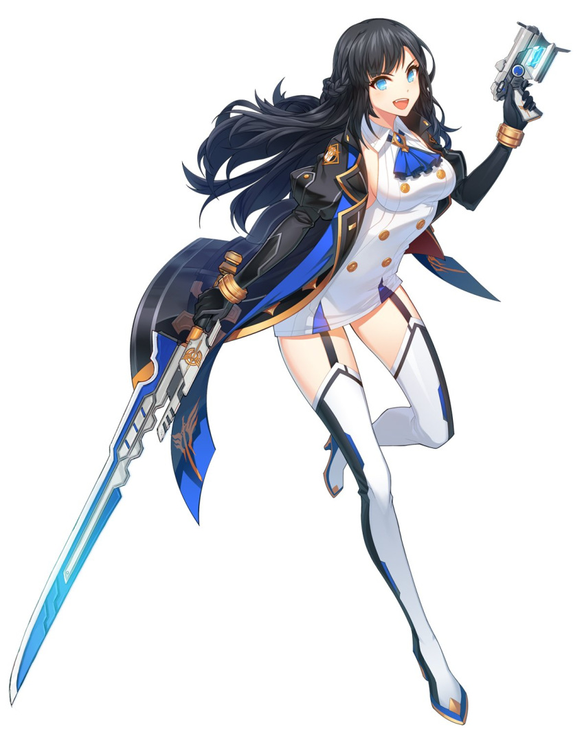 1girl alternate_costume alternate_hairstyle bangs black_coat black_gloves black_hair blue_eyes blue_neckwear boots braid breasts closers coat crown_braid dress garter_straps gloves gun handgun high_heel_boots high_heels highres holding holding_gun holding_sword holding_weapon large_breasts long_hair looking_at_viewer official_art open_clothes open_coat open_mouth sideboob sidelocks sleeveless sleeveless_dress solo source_request sword thigh-highs thigh_boots weapon yuri_seo