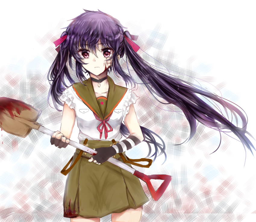 1girl ai_p blood blood_on_face bloody_clothes choker collarbone cowboy_shot ebisuzawa_kurumi eyebrows_visible_through_hair floating_hair gakkou_gurashi! hair_between_eyes hair_ribbon highres holding holding_shovel long_hair looking_at_viewer miniskirt neck_ribbon pink_ribbon print_shirt purple_hair red_eyes red_ribbon ribbon sailor_collar shirt short_sleeves shovel skirt solo standing star star_print twintails very_long_hair white_shirt