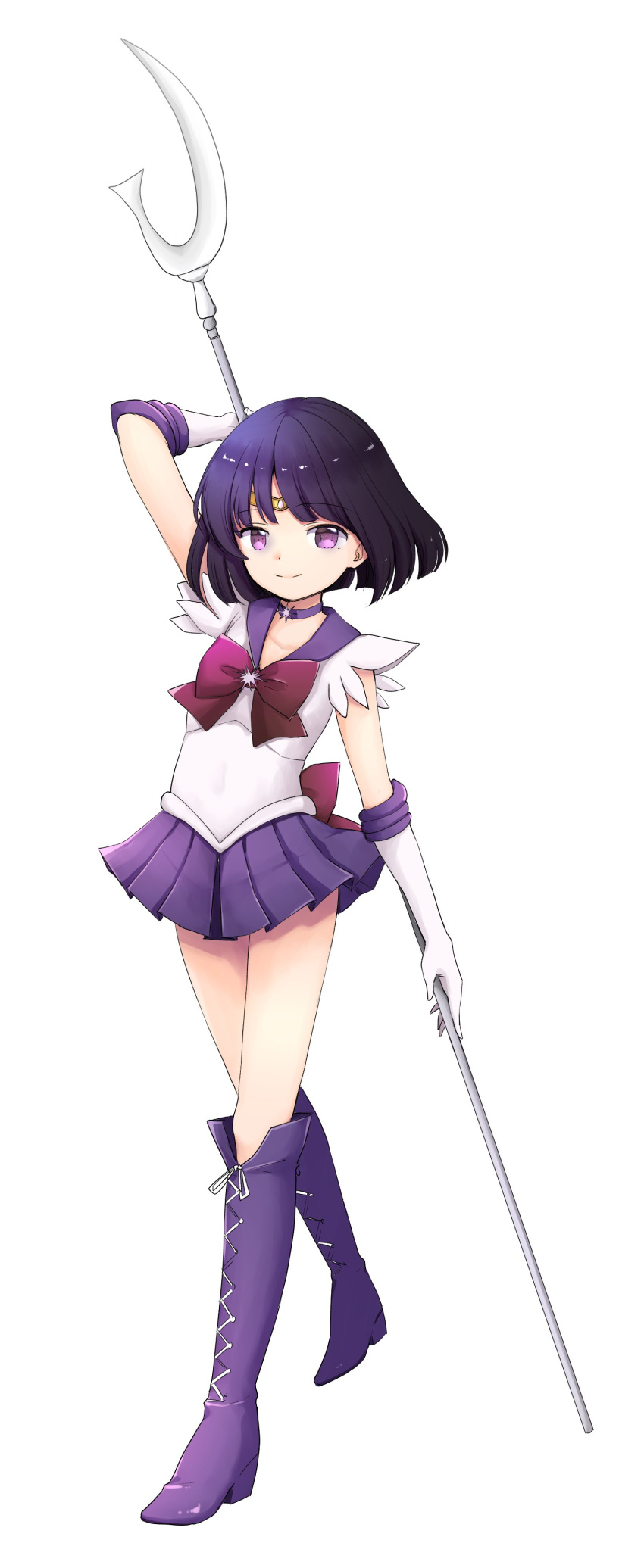 1girl absurdres arm_up bishoujo_senshi_sailor_moon black_hair boots choker circlet commentary_request elbow_gloves gloves highres kiyomiya_ryou knee_boots leotard miniskirt pleated_skirt polearm purple_footwear purple_skirt sailor_saturn sailor_senshi sailor_senshi_uniform short_hair silence_glaive simple_background skirt solo tomoe_hotaru violet_eyes weapon white_background white_gloves white_leotard