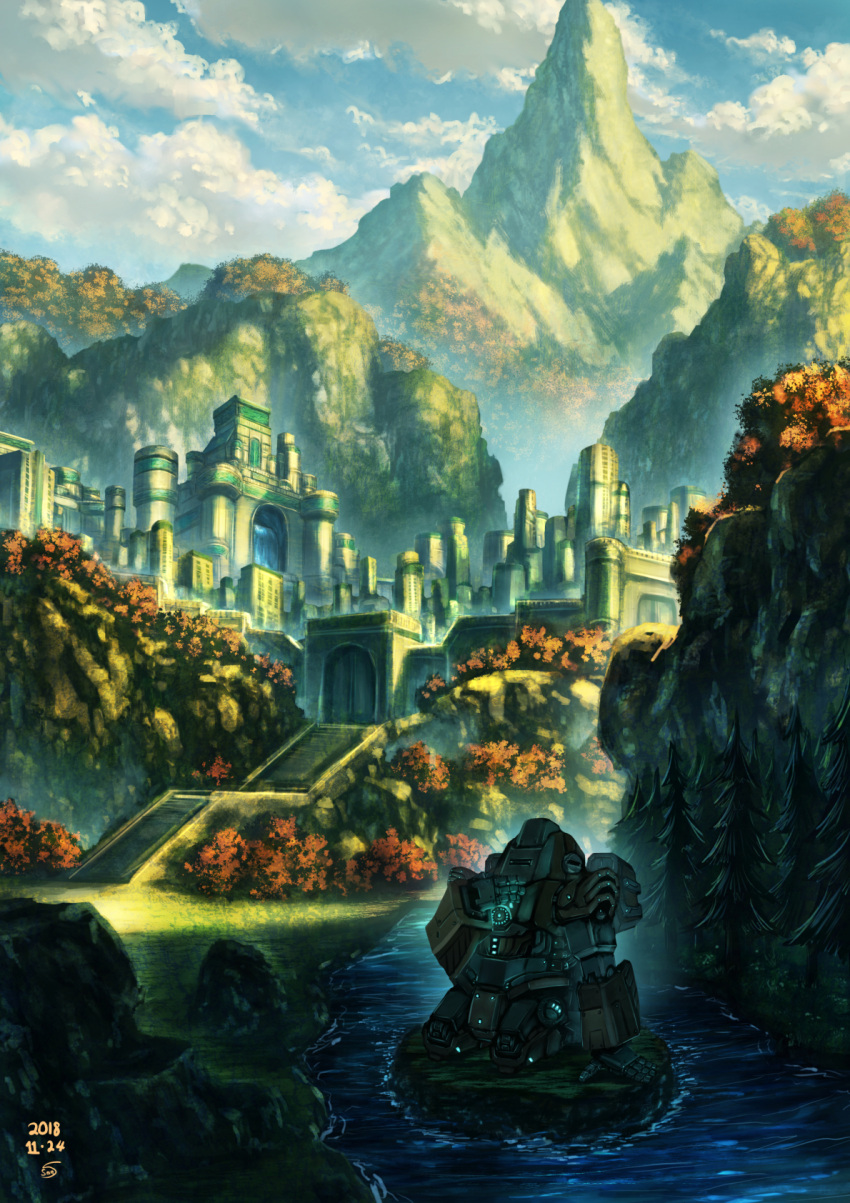 city clouds commentary_request day highres kneeling mecha mountainous_horizon no_humans original outdoors river robot santoni scenery sky stairs